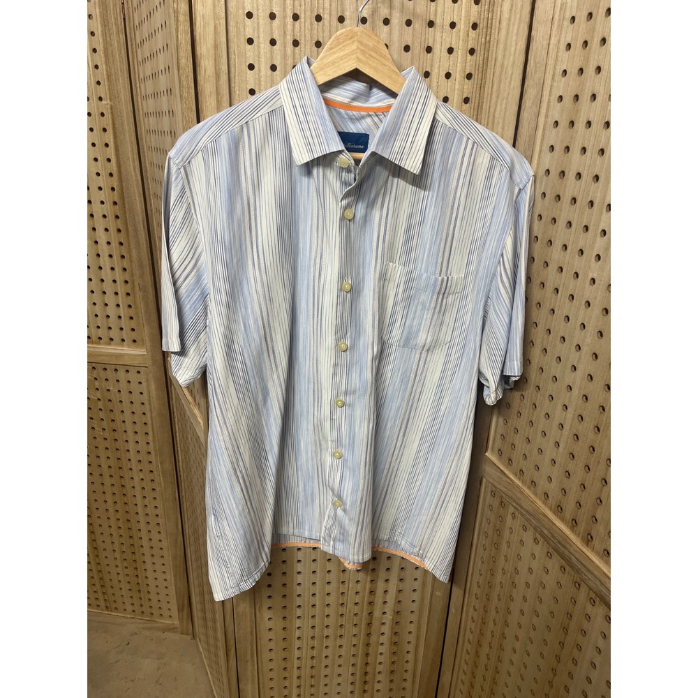 Tommy Bahama Mens Large Blue White Striped Silk Tencel Short Sleeve Button Shirt